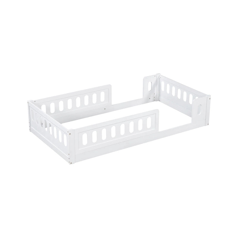 Twin Size Kids Floor Bed Semi-Enclosed Guard Rail Solid Pine Wood Montessori Natural White