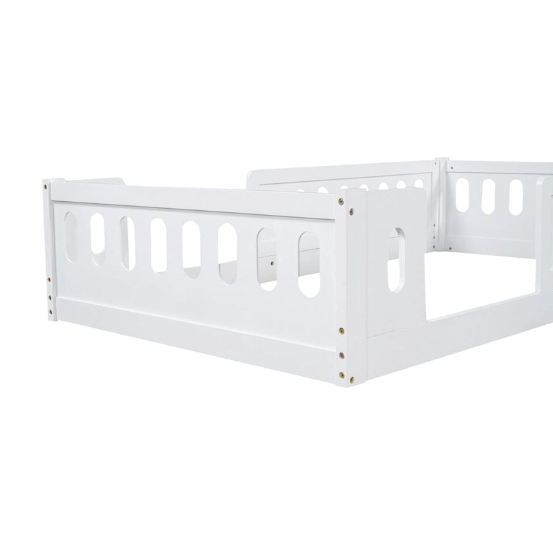Twin Size Kids Floor Bed Semi-Enclosed Guard Rail Solid Pine Wood Montessori Natural White