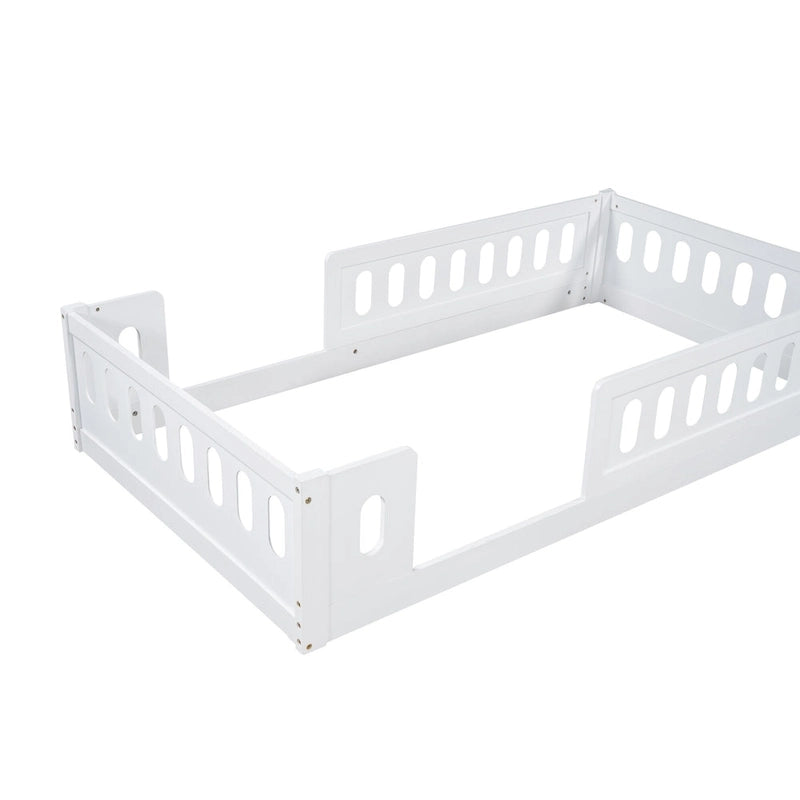 Twin Size Kids Floor Bed Semi-Enclosed Guard Rail Solid Pine Wood Montessori Natural White