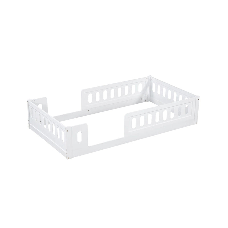 Twin Size Kids Floor Bed Semi-Enclosed Guard Rail Solid Pine Wood Montessori Natural White