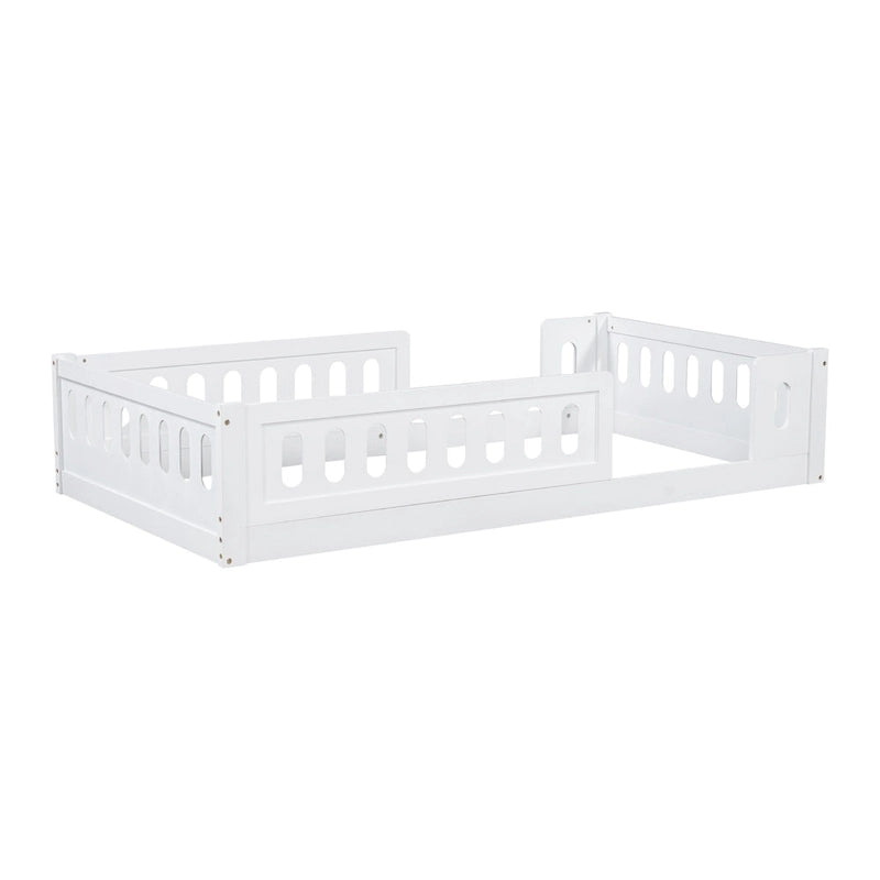 Twin Size Kids Floor Bed Semi-Enclosed Guard Rail Solid Pine Wood Montessori Natural White