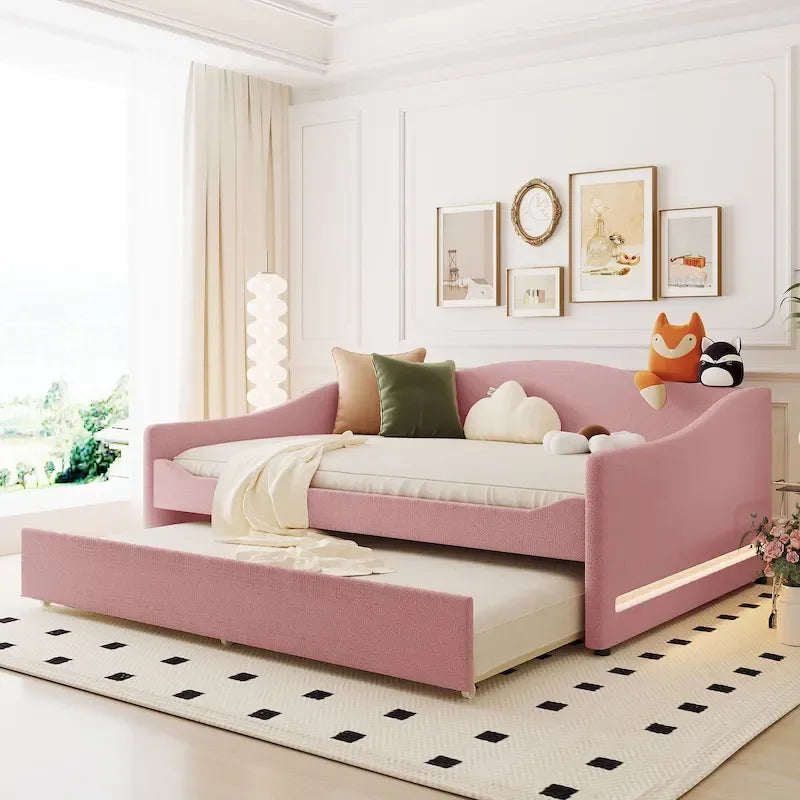 Letto da giorno matrimoniale rivestito in morbido tessuto teddy, con letto estraibile, luci LED, rosa, grigio, beige