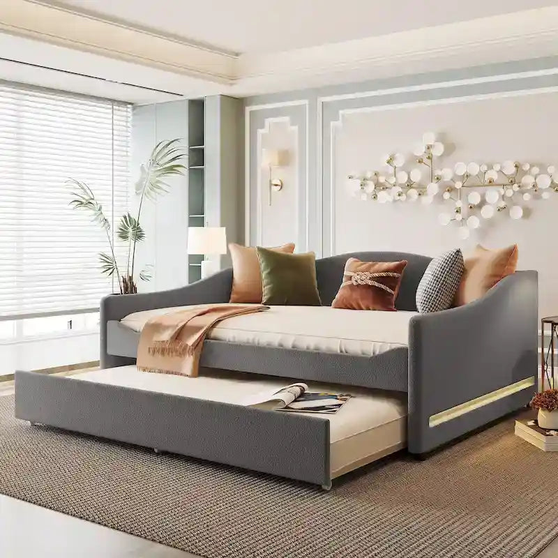 Full Teddy Fleece Upholstered Daybed with Pull-Out Trundle LED Lights Pink Gray Beige