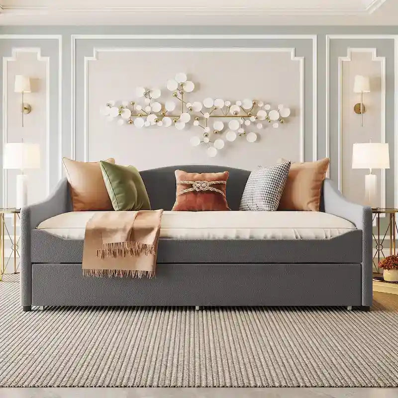 Letto da giorno matrimoniale rivestito in morbido tessuto teddy, con letto estraibile, luci LED, rosa, grigio, beige