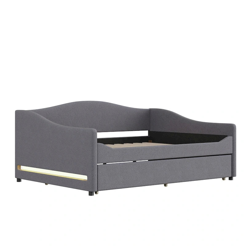Letto da giorno matrimoniale rivestito in morbido tessuto teddy, con letto estraibile, luci LED, rosa, grigio, beige