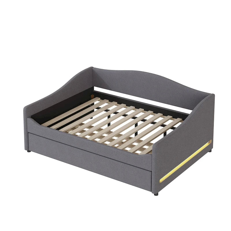 Letto da giorno matrimoniale rivestito in morbido tessuto teddy, con letto estraibile, luci LED, rosa, grigio, beige