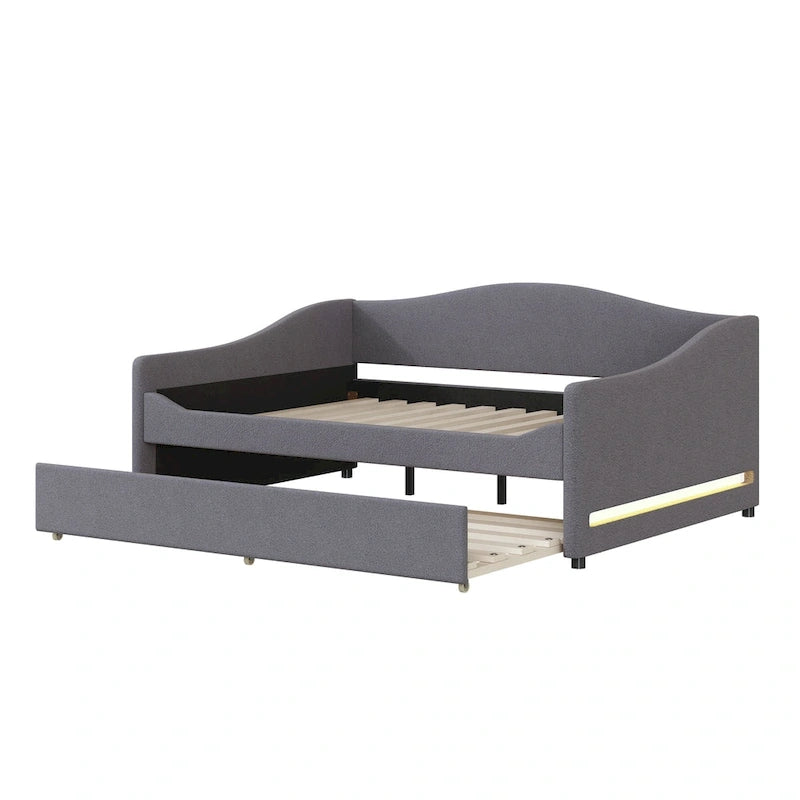 Letto da giorno matrimoniale rivestito in morbido tessuto teddy, con letto estraibile, luci LED, rosa, grigio, beige