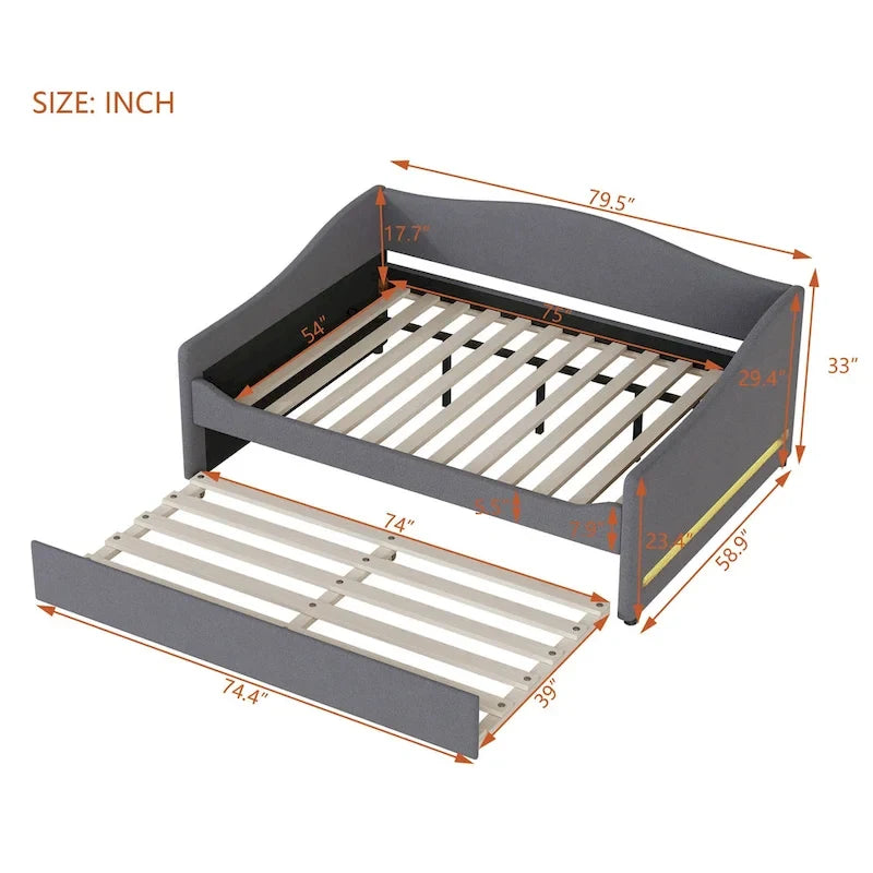 Letto da giorno matrimoniale rivestito in morbido tessuto teddy, con letto estraibile, luci LED, rosa, grigio, beige