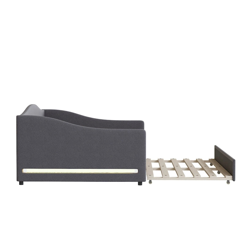Letto da giorno matrimoniale rivestito in morbido tessuto teddy, con letto estraibile, luci LED, rosa, grigio, beige