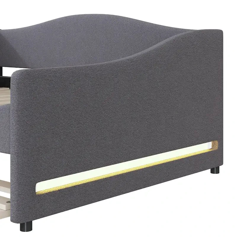 Letto da giorno matrimoniale rivestito in morbido tessuto teddy, con letto estraibile, luci LED, rosa, grigio, beige