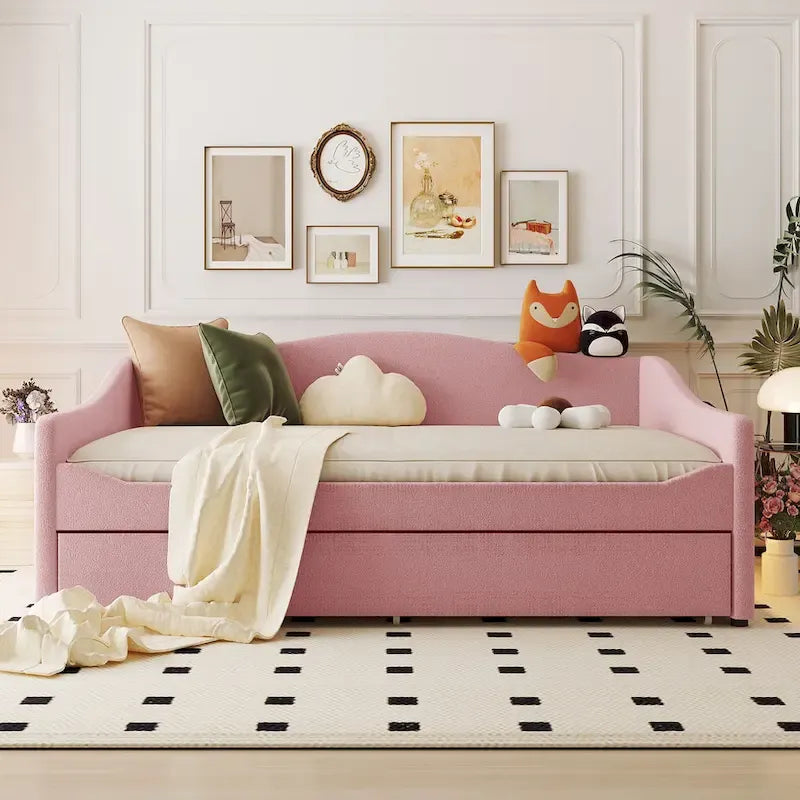Letto da giorno matrimoniale rivestito in morbido tessuto teddy, con letto estraibile, luci LED, rosa, grigio, beige