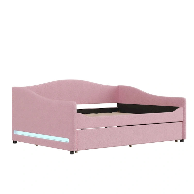 Letto da giorno matrimoniale rivestito in morbido tessuto teddy, con letto estraibile, luci LED, rosa, grigio, beige