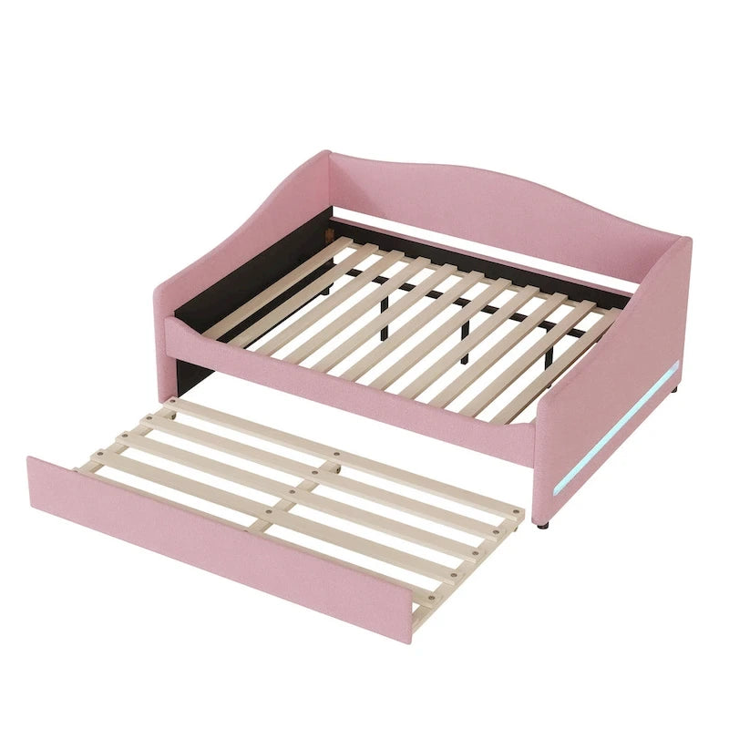 Letto da giorno matrimoniale rivestito in morbido tessuto teddy, con letto estraibile, luci LED, rosa, grigio, beige