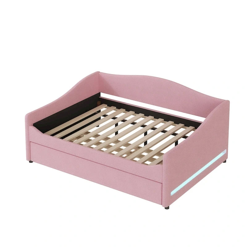 Letto da giorno matrimoniale rivestito in morbido tessuto teddy, con letto estraibile, luci LED, rosa, grigio, beige