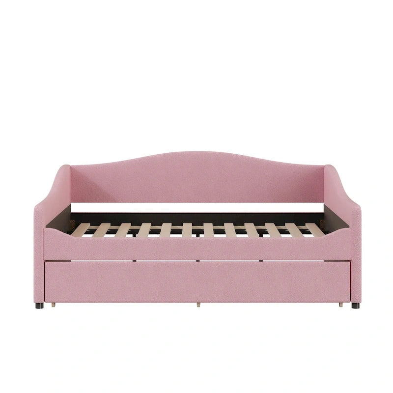 Letto da giorno matrimoniale rivestito in morbido tessuto teddy, con letto estraibile, luci LED, rosa, grigio, beige