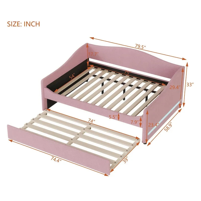 Letto da giorno matrimoniale rivestito in morbido tessuto teddy, con letto estraibile, luci LED, rosa, grigio, beige