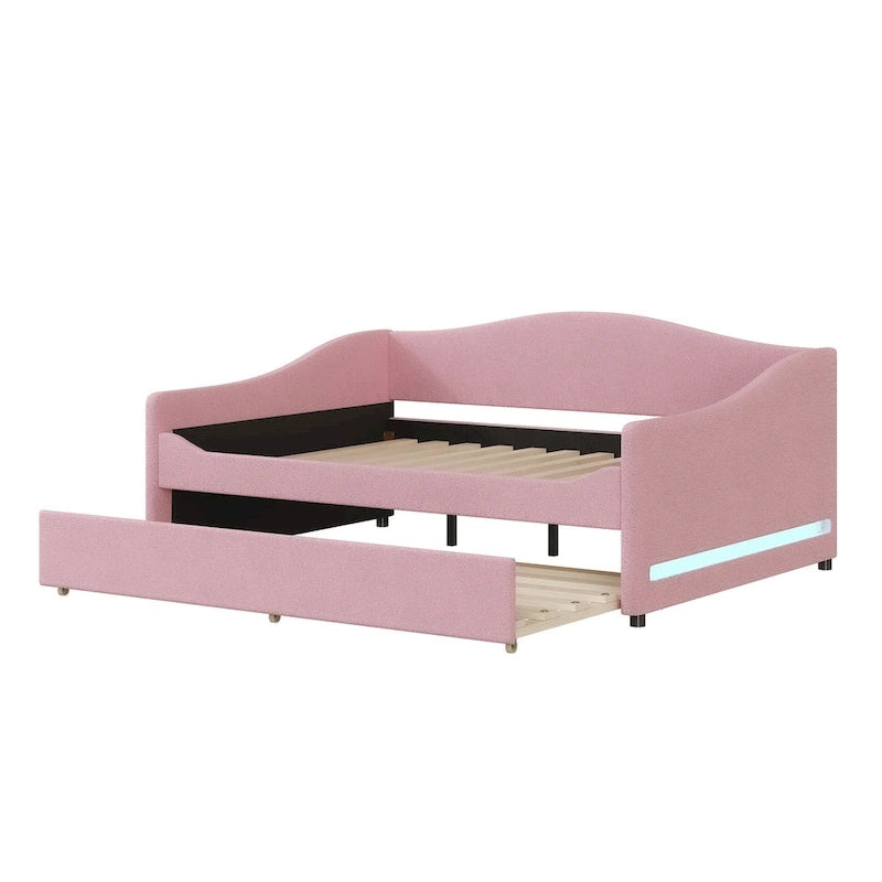 Letto da giorno matrimoniale rivestito in morbido tessuto teddy, con letto estraibile, luci LED, rosa, grigio, beige