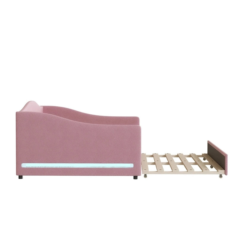 Letto da giorno matrimoniale rivestito in morbido tessuto teddy, con letto estraibile, luci LED, rosa, grigio, beige