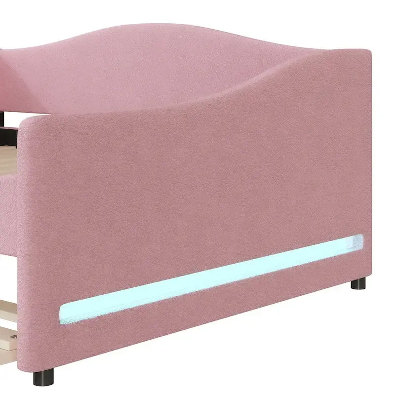 Letto da giorno matrimoniale rivestito in morbido tessuto teddy, con letto estraibile, luci LED, rosa, grigio, beige