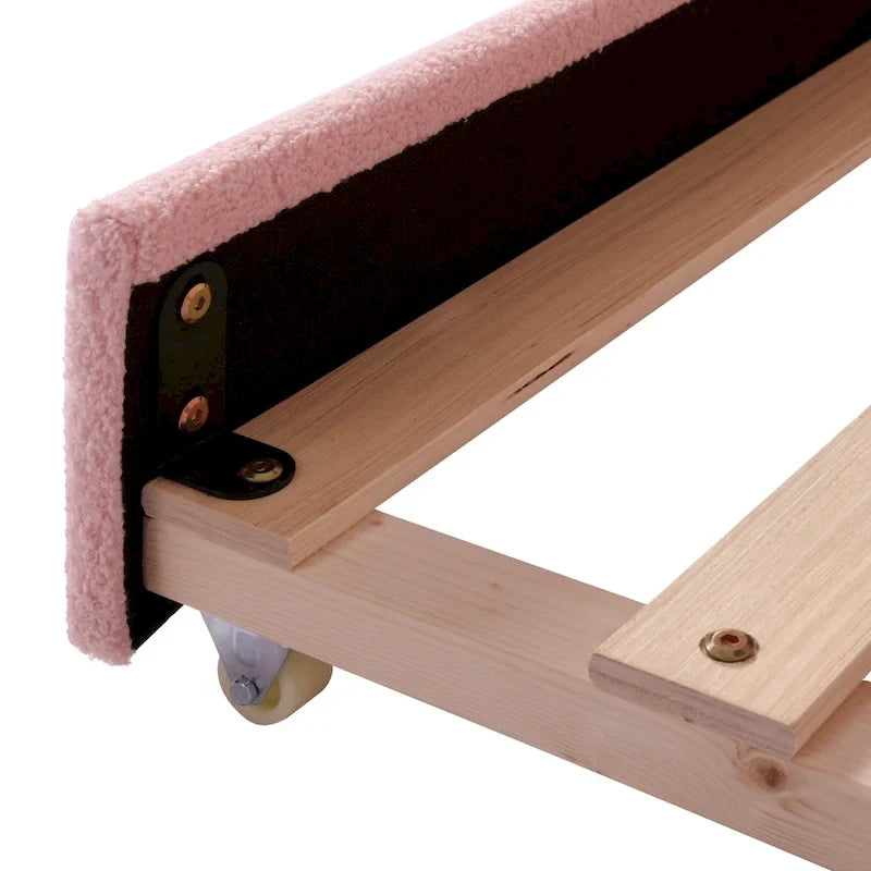 Letto da giorno matrimoniale rivestito in morbido tessuto teddy, con letto estraibile, luci LED, rosa, grigio, beige
