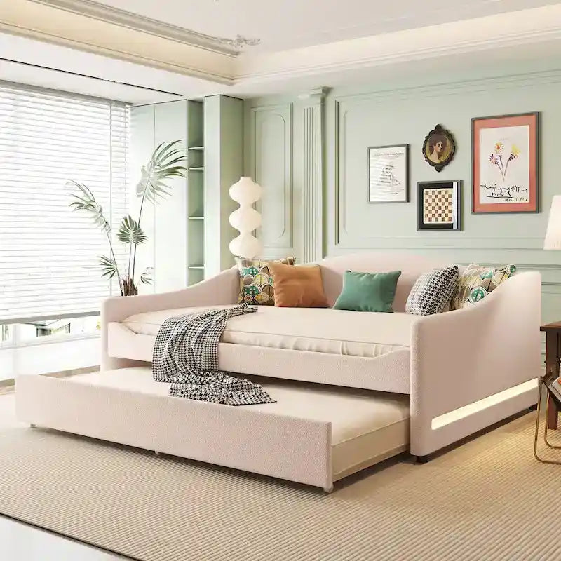 Letto da giorno matrimoniale rivestito in morbido tessuto teddy, con letto estraibile, luci LED, rosa, grigio, beige