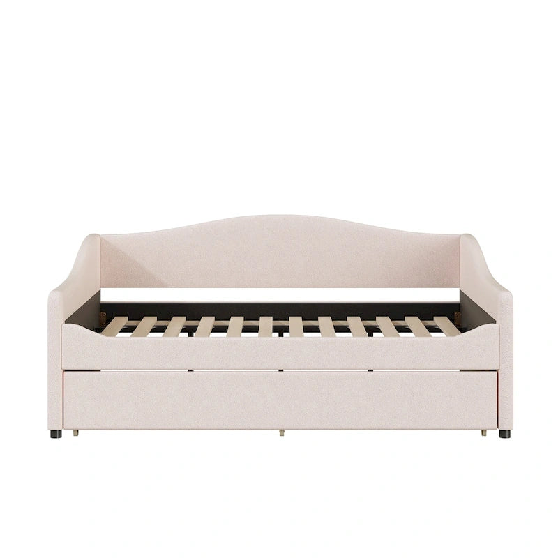 Letto da giorno matrimoniale rivestito in morbido tessuto teddy, con letto estraibile, luci LED, rosa, grigio, beige