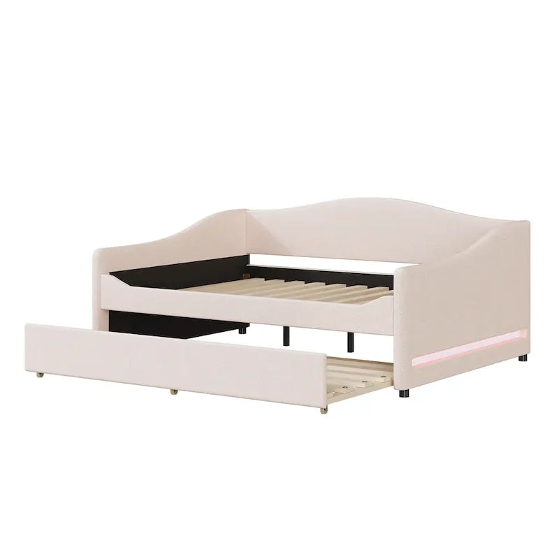 Letto da giorno matrimoniale rivestito in morbido tessuto teddy, con letto estraibile, luci LED, rosa, grigio, beige