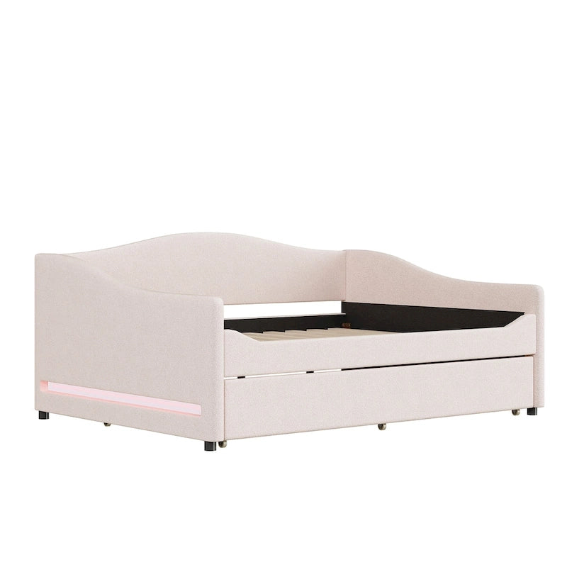 Letto da giorno matrimoniale rivestito in morbido tessuto teddy, con letto estraibile, luci LED, rosa, grigio, beige