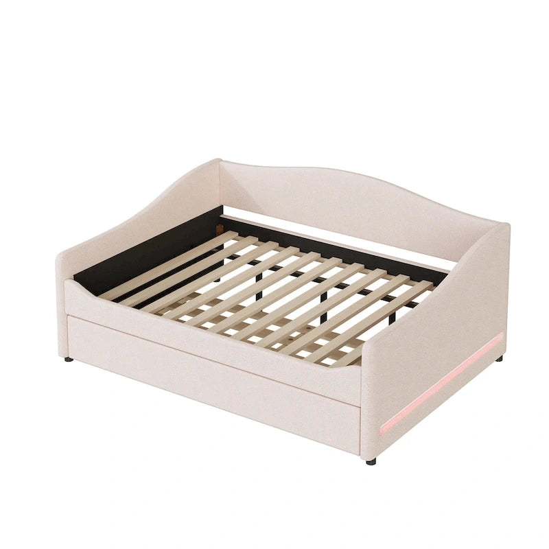 Letto da giorno matrimoniale rivestito in morbido tessuto teddy, con letto estraibile, luci LED, rosa, grigio, beige
