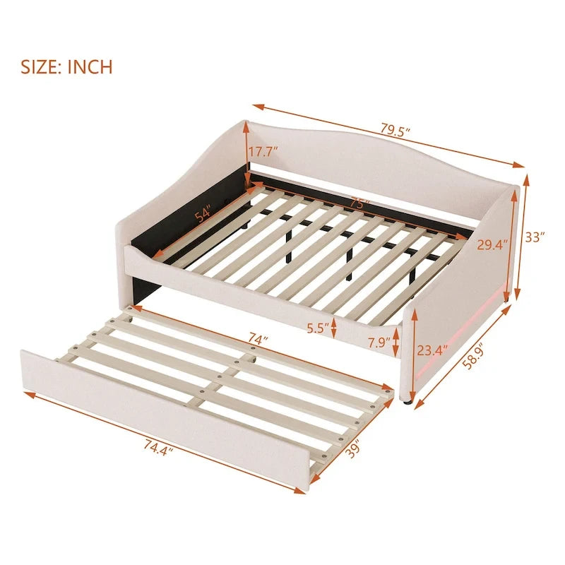 Letto da giorno matrimoniale rivestito in morbido tessuto teddy, con letto estraibile, luci LED, rosa, grigio, beige