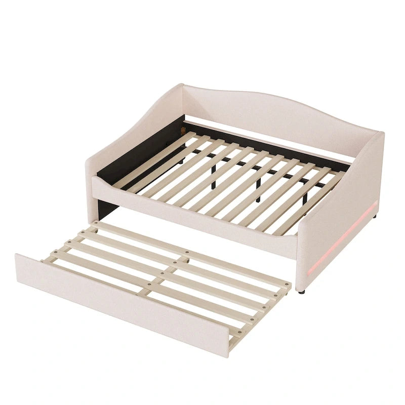 Letto da giorno matrimoniale rivestito in morbido tessuto teddy, con letto estraibile, luci LED, rosa, grigio, beige