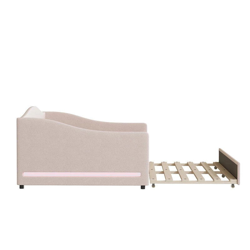 Letto da giorno matrimoniale rivestito in morbido tessuto teddy, con letto estraibile, luci LED, rosa, grigio, beige