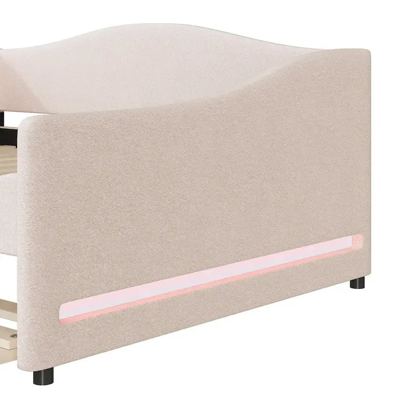 Letto da giorno matrimoniale rivestito in morbido tessuto teddy, con letto estraibile, luci LED, rosa, grigio, beige