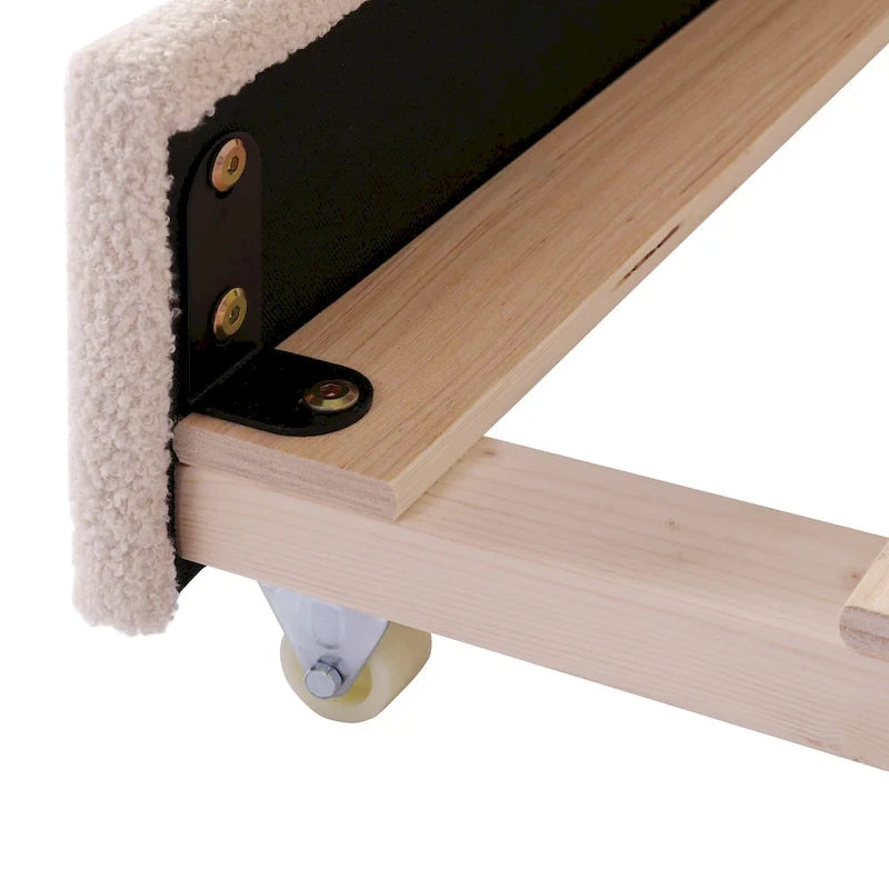 Letto da giorno matrimoniale rivestito in morbido tessuto teddy, con letto estraibile, luci LED, rosa, grigio, beige