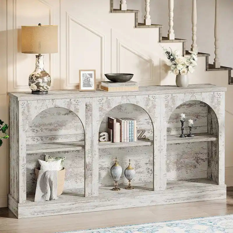 63-Inch Farmhouse Console Table 3-Tier Arched Open Shelves Entryway White Brown Black