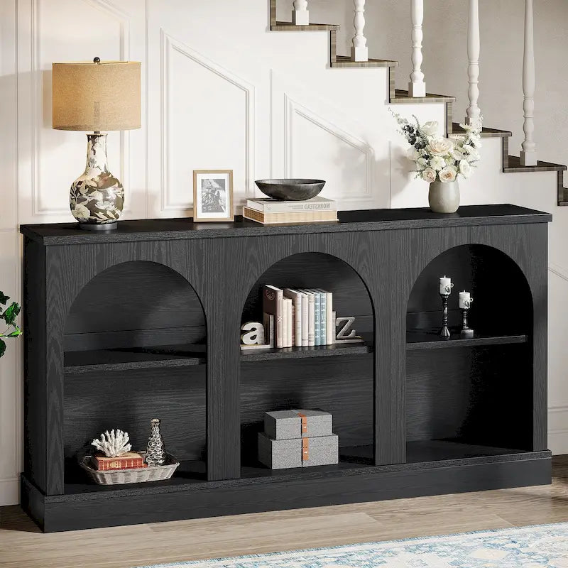 63-Inch Farmhouse Console Table 3-Tier Arched Open Shelves Entryway White Brown Black