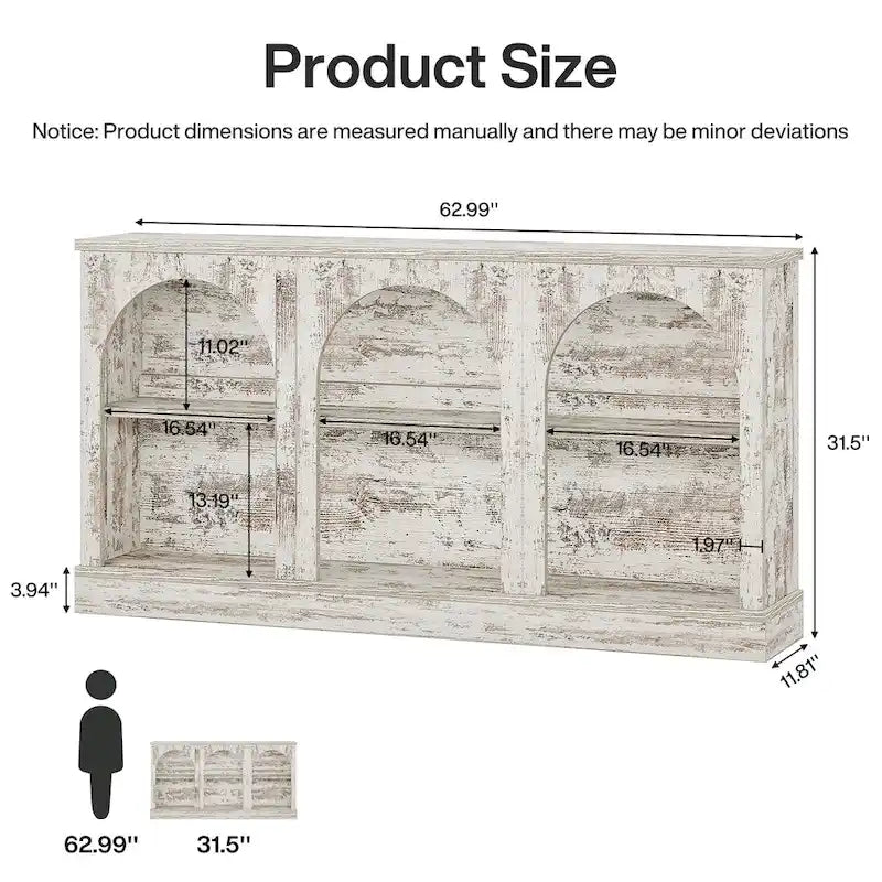63-Inch Farmhouse Console Table 3-Tier Arched Open Shelves Entryway White Brown Black