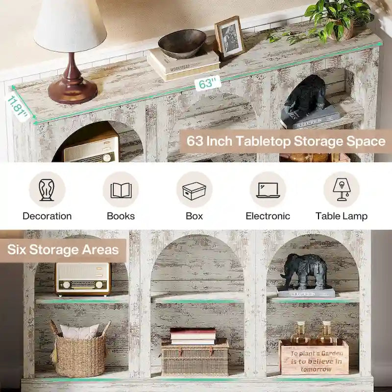 63-Inch Farmhouse Console Table 3-Tier Arched Open Shelves Entryway White Brown Black