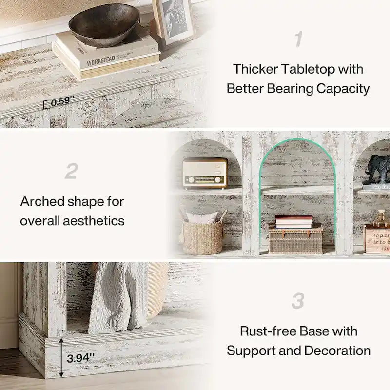 63-Inch Farmhouse Console Table 3-Tier Arched Open Shelves Entryway White Brown Black