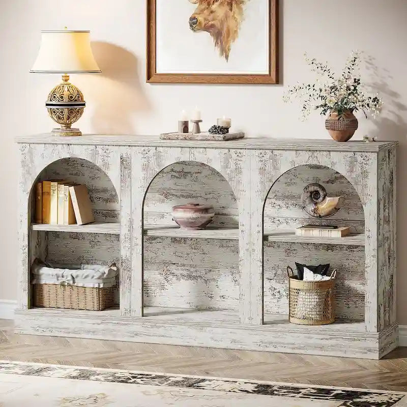 63-Inch Farmhouse Console Table 3-Tier Arched Open Shelves Entryway White Brown Black
