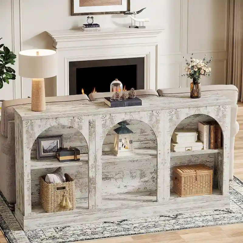 63-Inch Farmhouse Console Table 3-Tier Arched Open Shelves Entryway White Brown Black