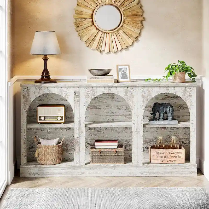 63-Inch Farmhouse Console Table 3-Tier Arched Open Shelves Entryway White Brown Black