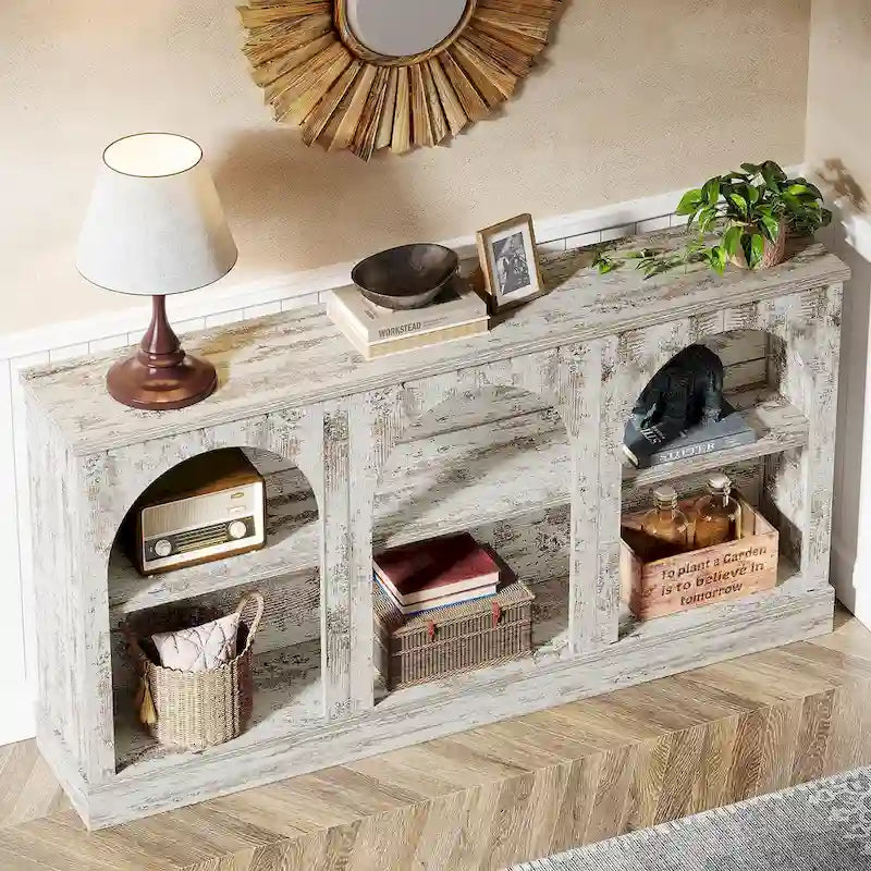 63-Inch Farmhouse Console Table 3-Tier Arched Open Shelves Entryway White Brown Black