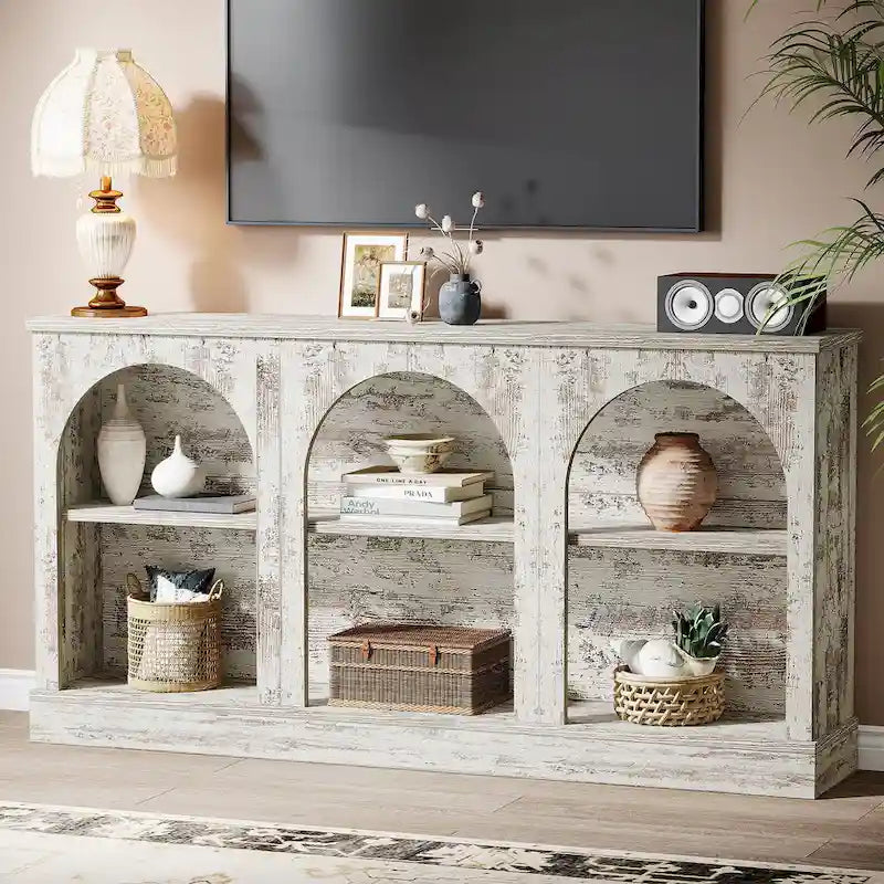63-Inch Farmhouse Console Table 3-Tier Arched Open Shelves Entryway White Brown Black