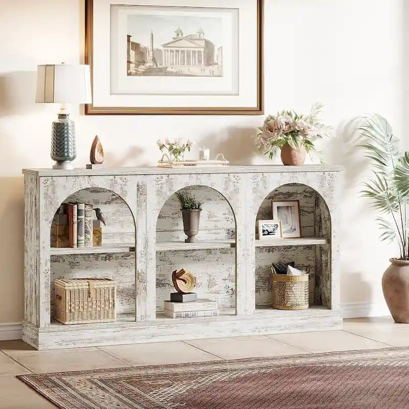 63-Inch Farmhouse Console Table 3-Tier Arched Open Shelves Entryway White Brown Black
