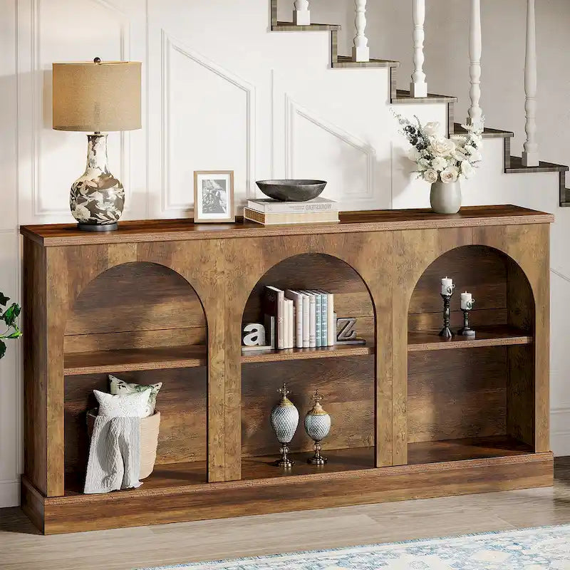 63-Inch Farmhouse Console Table 3-Tier Arched Open Shelves Entryway White Brown Black