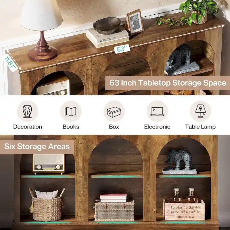 63-Inch Farmhouse Console Table 3-Tier Arched Open Shelves Entryway White Brown Black