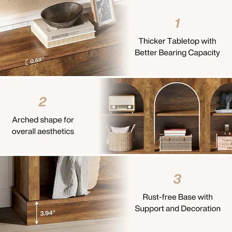 63-Inch Farmhouse Console Table 3-Tier Arched Open Shelves Entryway White Brown Black