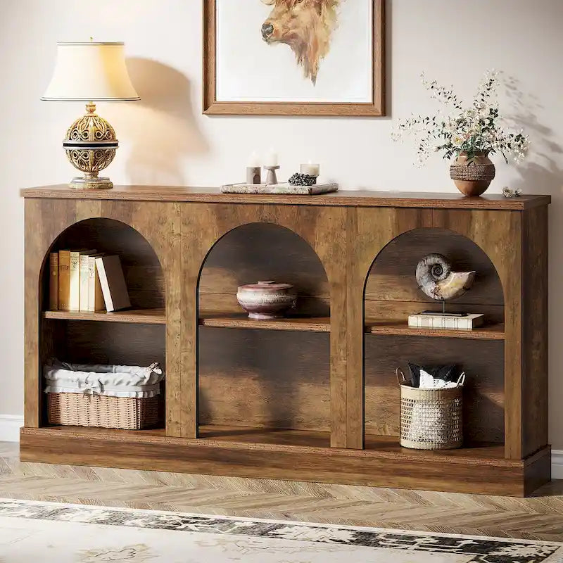 63-Inch Farmhouse Console Table 3-Tier Arched Open Shelves Entryway White Brown Black