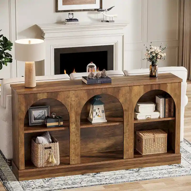 63-Inch Farmhouse Console Table 3-Tier Arched Open Shelves Entryway White Brown Black